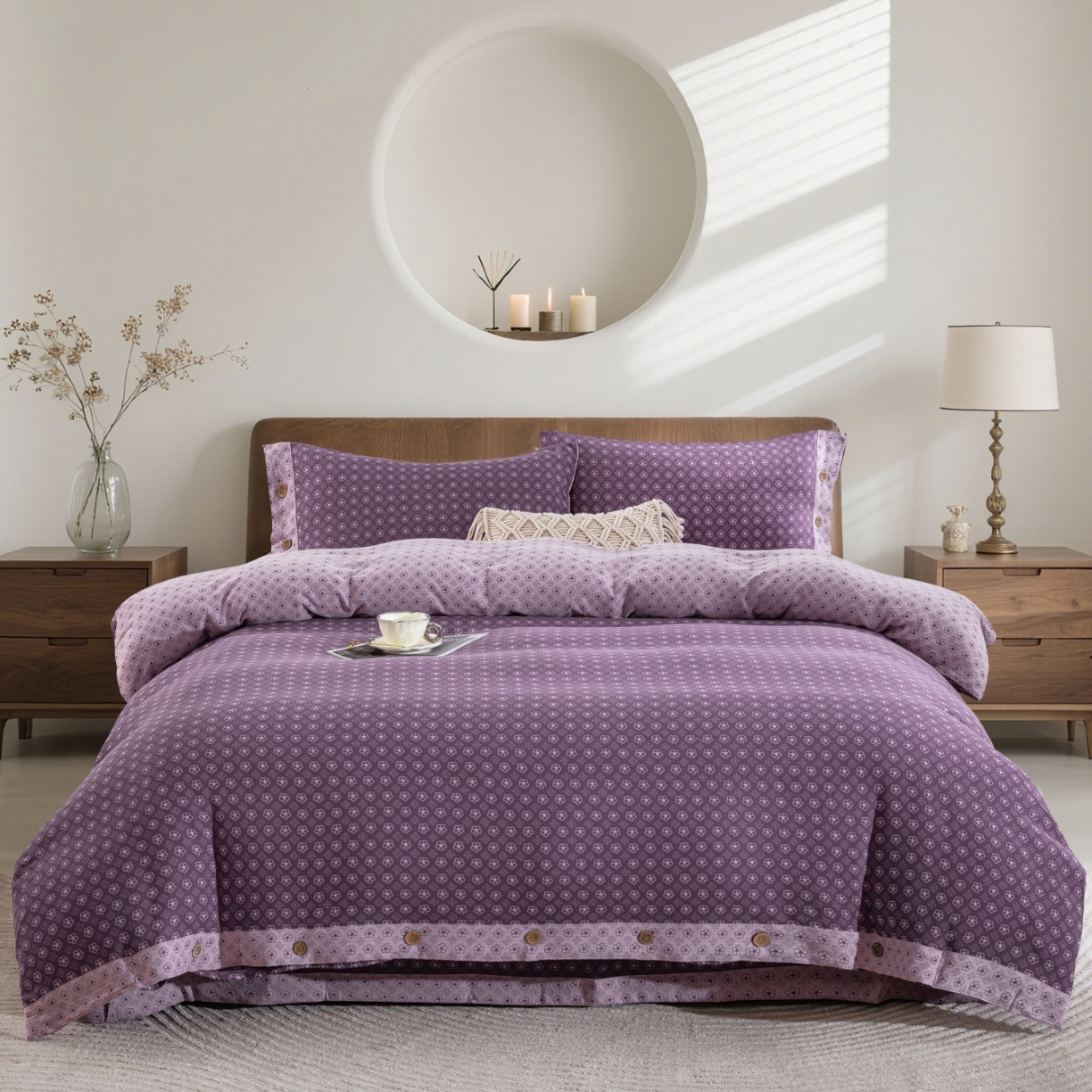 仰望棉麻双层纱供应链 2026新款织语全棉纯棉色织提花双层纱纽扣款四件套 织语-紫