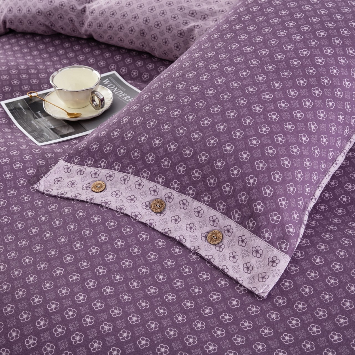 91家纺网 家纺一手货源 找家纺 仰望棉麻双层纱供应链 2026新款织语全棉纯棉色织提花双层纱纽扣款四件套 织语-紫