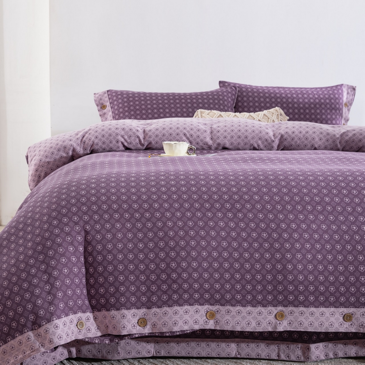 91家纺网 家纺一手货源 找家纺 仰望棉麻双层纱供应链 2026新款织语全棉纯棉色织提花双层纱纽扣款四件套 织语-紫