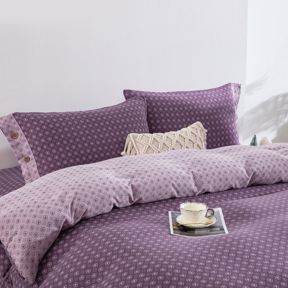 91家纺网 家纺一手货源 找家纺 仰望棉麻双层纱供应链 2026新款织语全棉纯棉色织提花双层纱纽扣款四件套 织语-紫