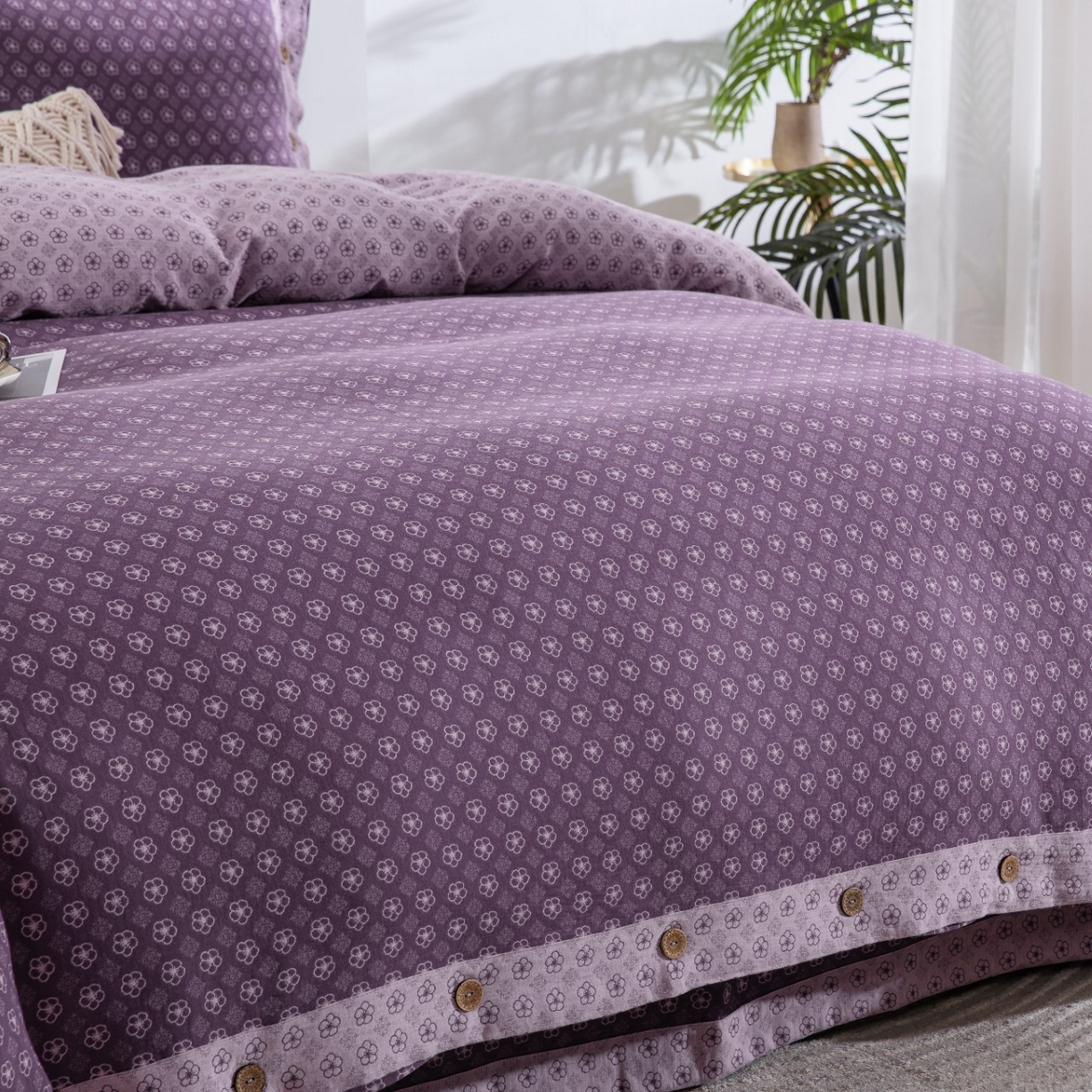 91家纺网 家纺一手货源 找家纺 仰望棉麻双层纱供应链 2026新款织语全棉纯棉色织提花双层纱纽扣款四件套 织语-紫