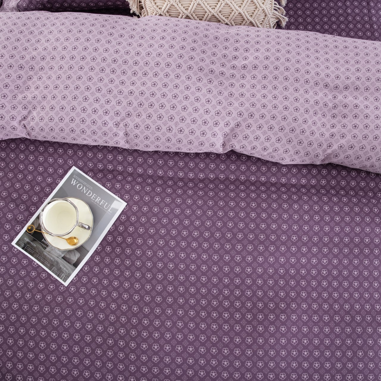 91家纺网 家纺一手货源 找家纺 仰望棉麻双层纱供应链 2026新款织语全棉纯棉色织提花双层纱纽扣款四件套 织语-紫