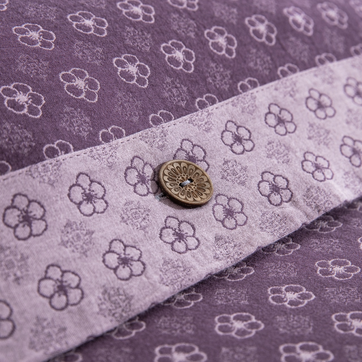 91家纺网 家纺一手货源 找家纺 仰望棉麻双层纱供应链 2026新款织语全棉纯棉色织提花双层纱纽扣款四件套 织语-紫