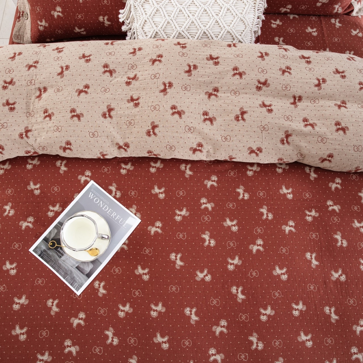 91家纺网 家纺一手货源 找家纺 （总）仰望棉麻双层纱供应链 2026新款爱情马全棉色织提花双层纱纽扣款四件套