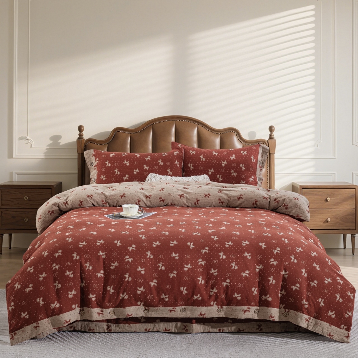 （总）仰望棉麻双层纱供应链 2026新款爱情马全棉色织提花双层纱纽扣款四件套