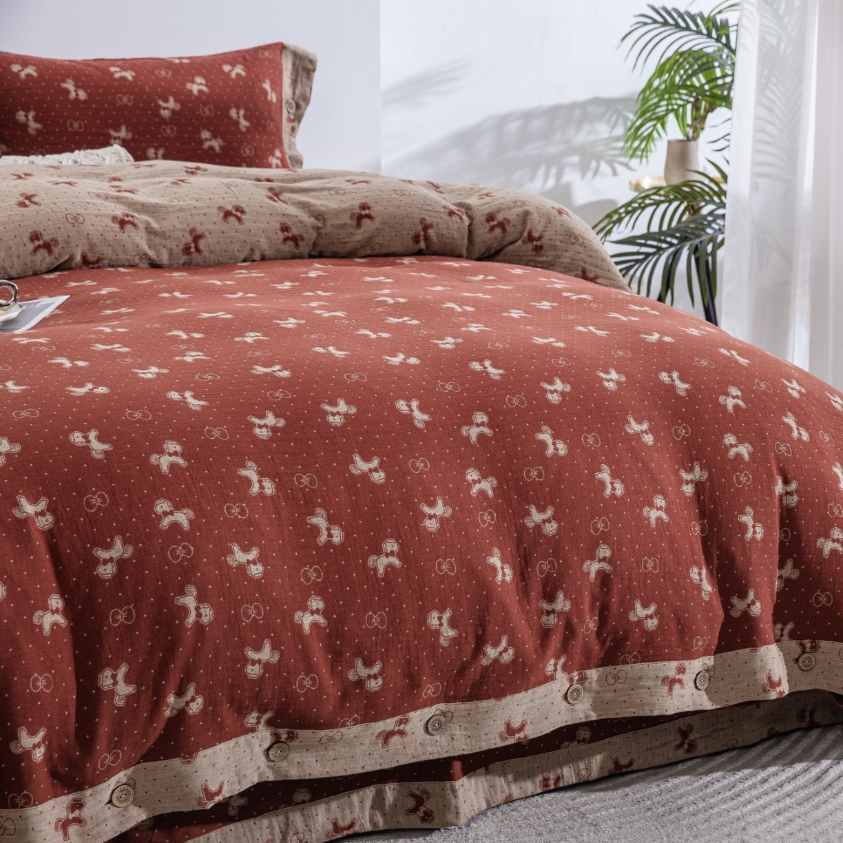 91家纺网 家纺一手货源 找家纺 （总）仰望棉麻双层纱供应链 2026新款爱情马全棉色织提花双层纱纽扣款四件套