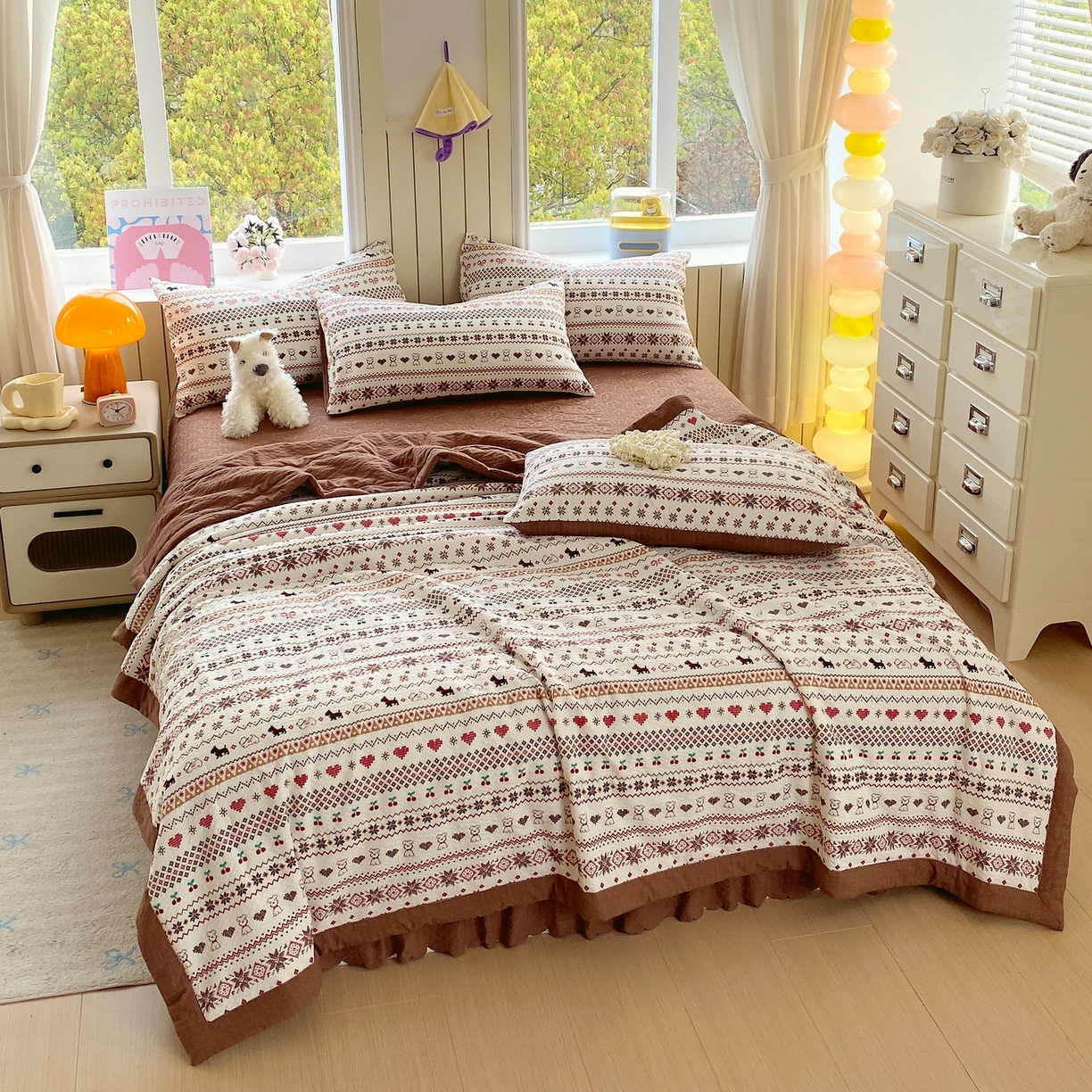 91家纺网 家纺一手货源 找家纺 莱米家纺 2026新款云感泡泡双层纱手包边夏被夏凉被空调被床盖四件套 费尔岛-咖