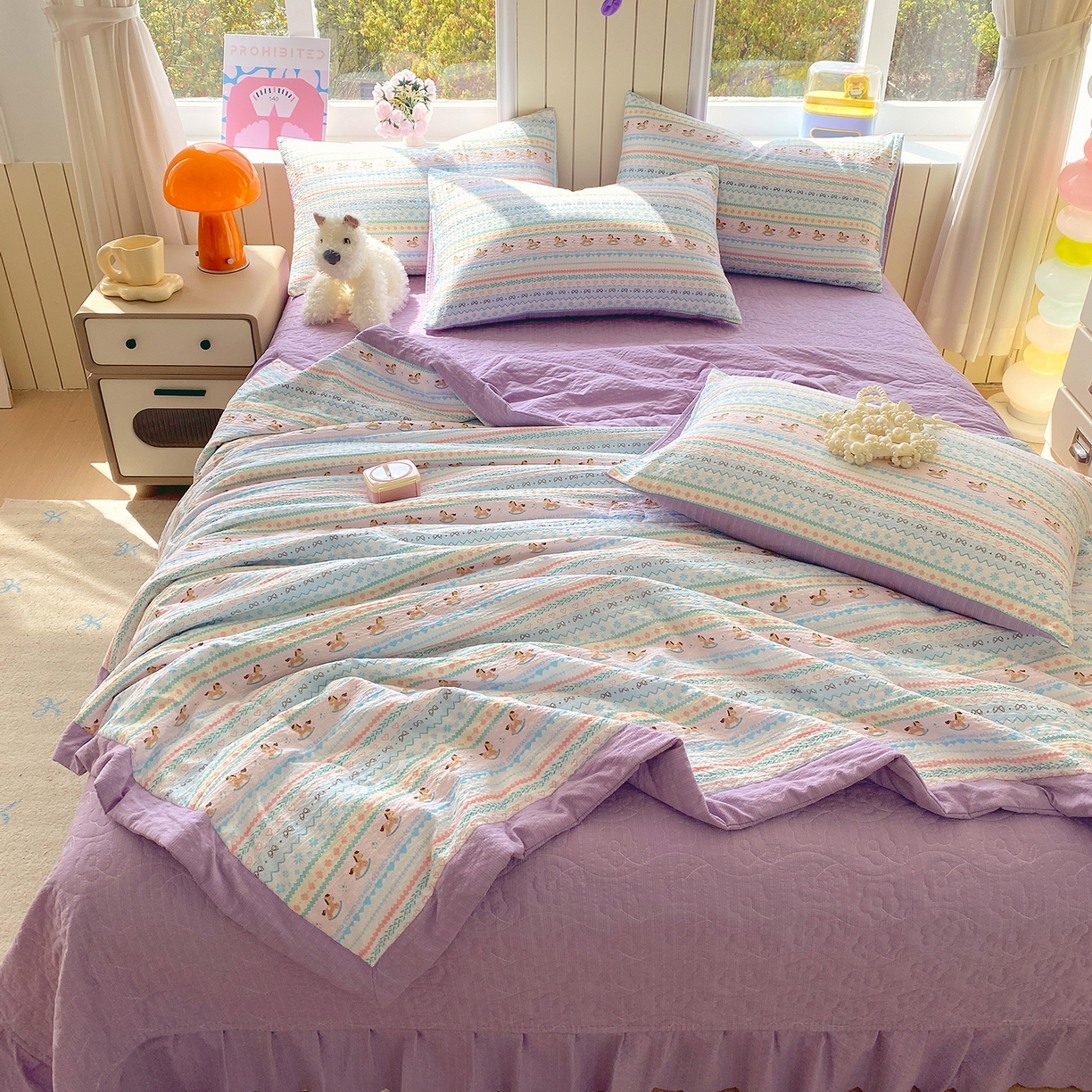 91家纺网 家纺一手货源 找家纺 莱米家纺 2026新款云感泡泡双层纱手包边夏被夏凉被空调被床盖四件套 费尔岛-紫