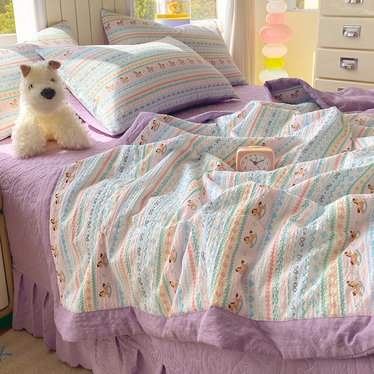 91家纺网 家纺一手货源 找家纺 莱米家纺 2026新款云感泡泡双层纱手包边夏被夏凉被空调被床盖四件套 费尔岛-紫