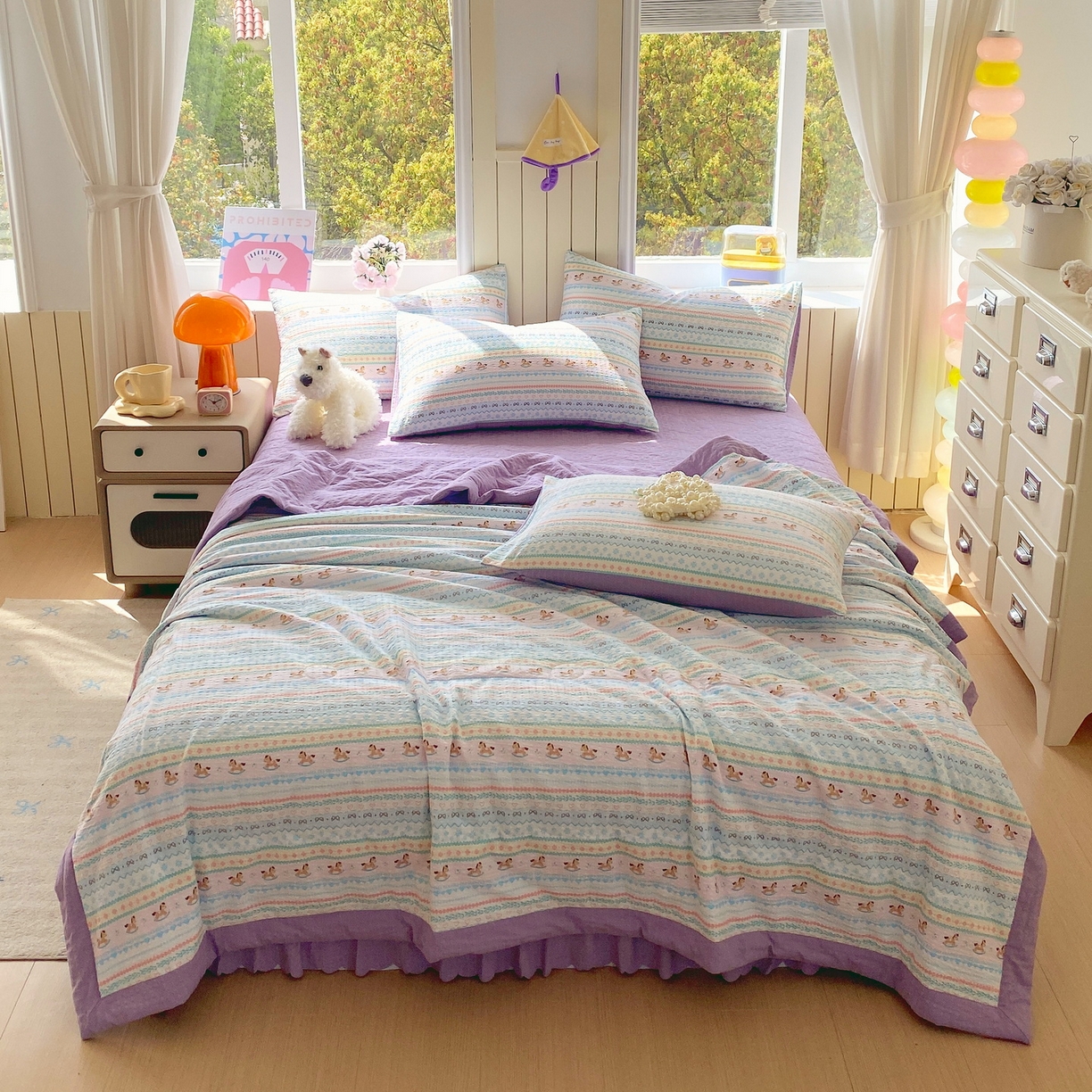 91家纺网 家纺一手货源 找家纺 莱米家纺 2026新款云感泡泡双层纱手包边夏被夏凉被空调被床盖四件套 费尔岛-紫