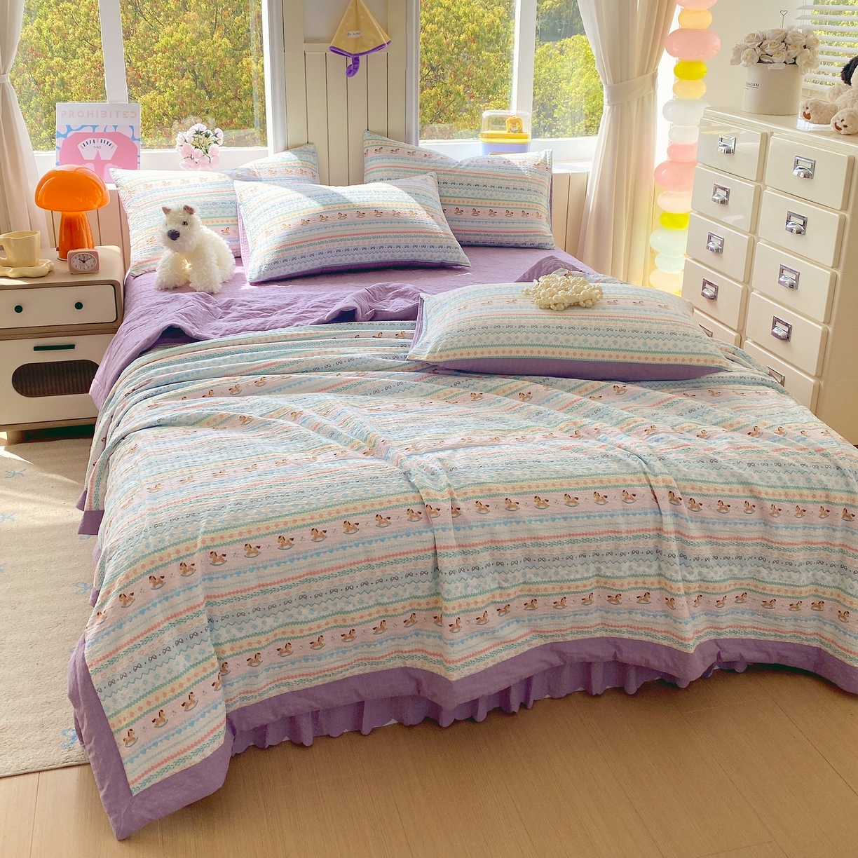 91家纺网 家纺一手货源 找家纺 莱米家纺 2026新款云感泡泡双层纱手包边夏被夏凉被空调被床盖四件套 费尔岛-紫