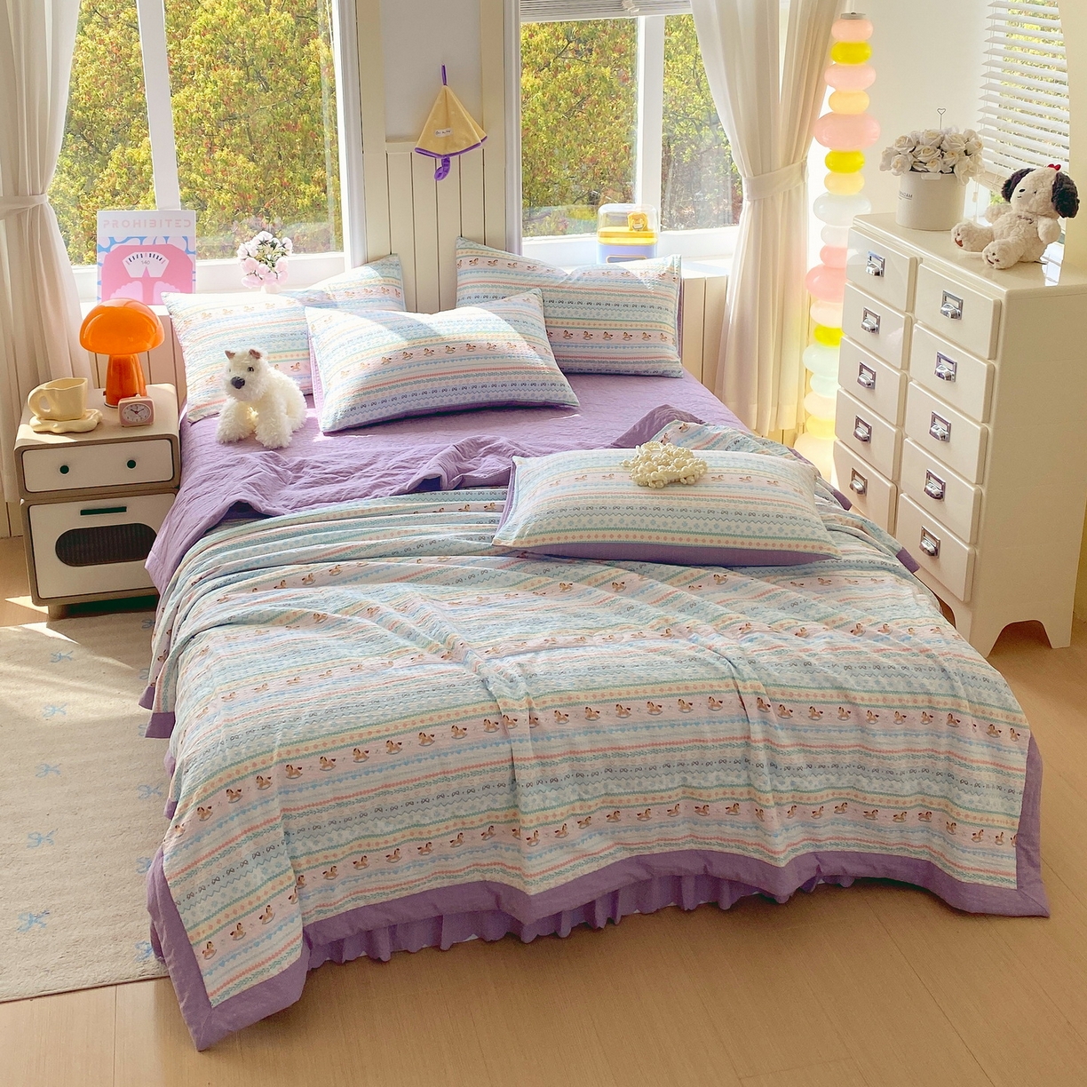 91家纺网 家纺一手货源 找家纺 莱米家纺 2026新款云感泡泡双层纱手包边夏被夏凉被空调被床盖四件套 费尔岛-紫