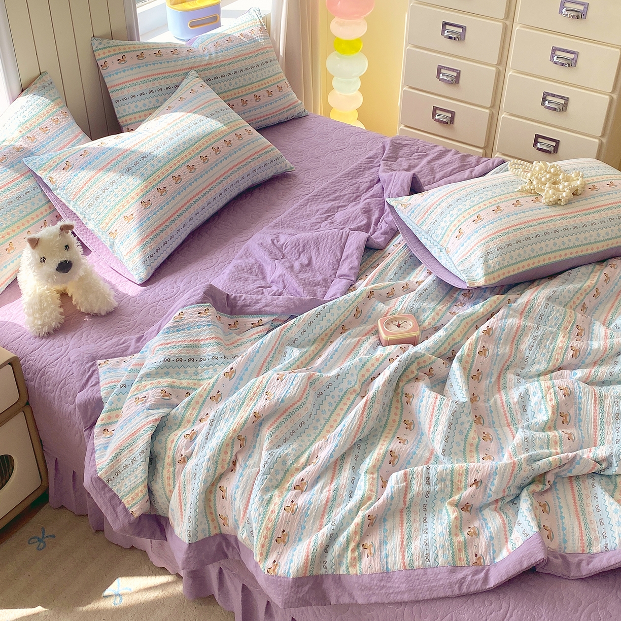 91家纺网 家纺一手货源 找家纺 莱米家纺 2026新款云感泡泡双层纱手包边夏被夏凉被空调被床盖四件套 费尔岛-紫