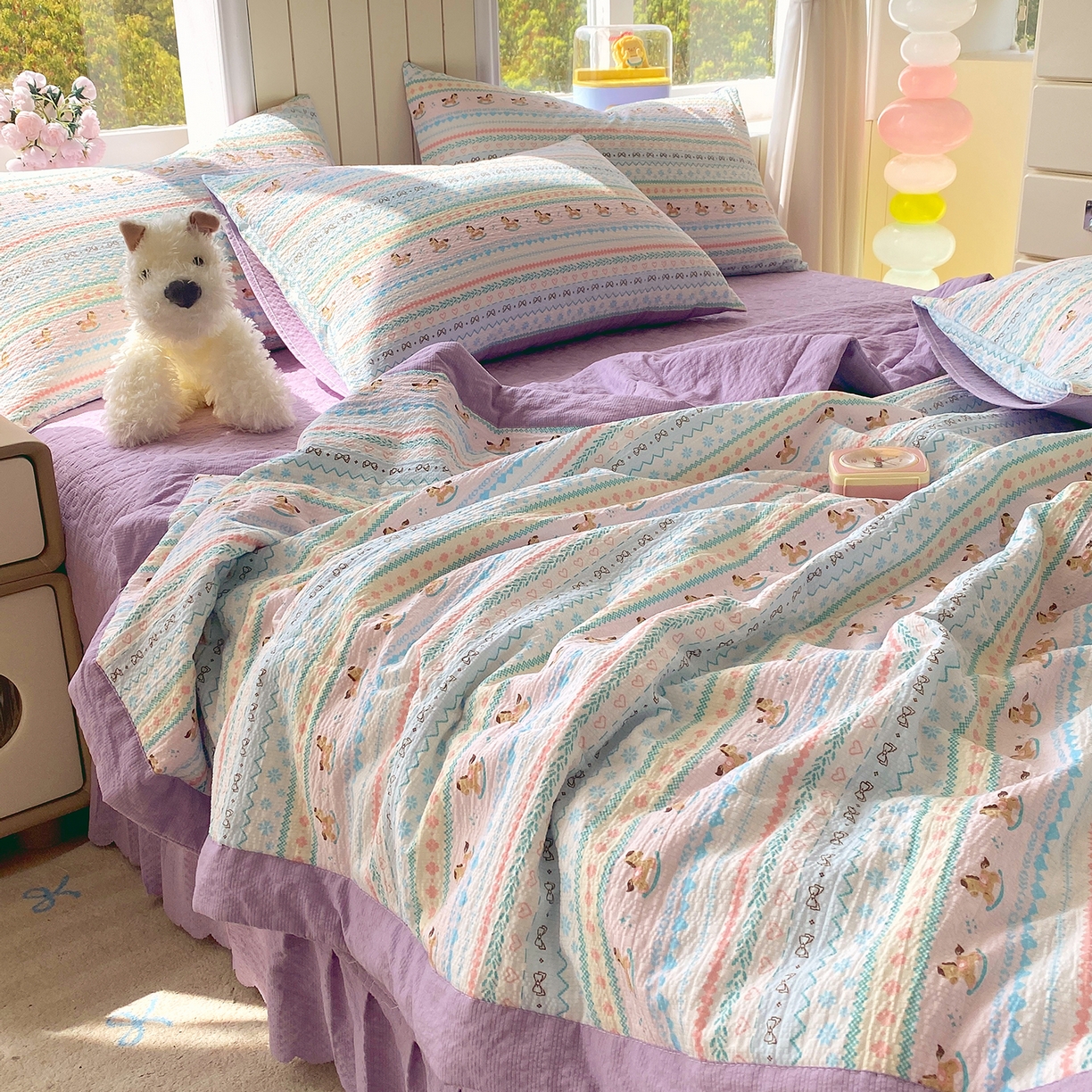 91家纺网 家纺一手货源 找家纺 莱米家纺 2026新款云感泡泡双层纱手包边夏被夏凉被空调被床盖四件套 费尔岛-紫