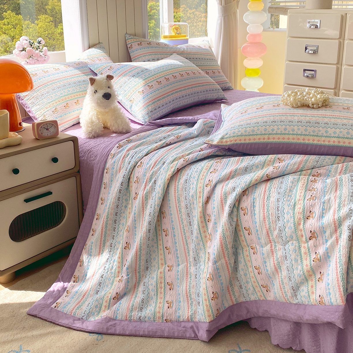 91家纺网 家纺一手货源 找家纺 莱米家纺 2026新款云感泡泡双层纱手包边夏被夏凉被空调被床盖四件套 费尔岛-紫