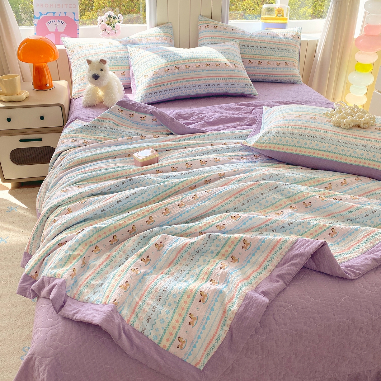 91家纺网 家纺一手货源 找家纺 莱米家纺 2026新款云感泡泡双层纱手包边夏被夏凉被空调被床盖四件套 费尔岛-紫