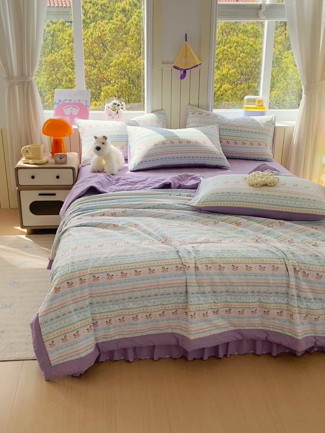 91家纺网 家纺一手货源 找家纺 莱米家纺 2026新款云感泡泡双层纱手包边夏被夏凉被空调被床盖四件套 费尔岛-紫