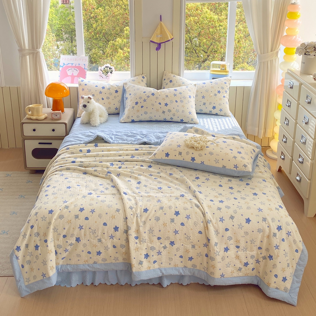 91家纺网 家纺一手货源 找家纺 莱米家纺 2026新款云感泡泡双层纱手包边夏被夏凉被空调被床盖四件套 海底星星