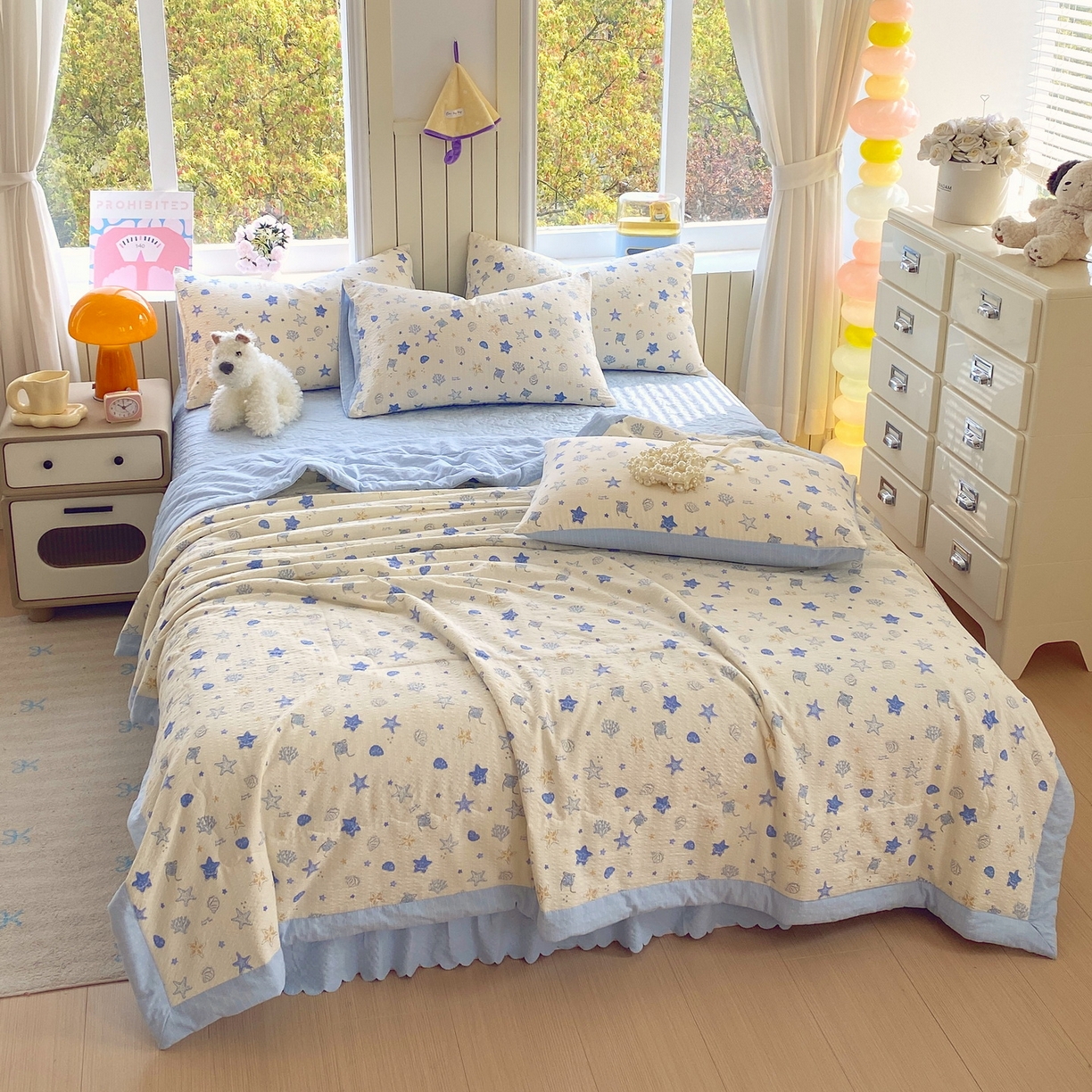 91家纺网 家纺一手货源 找家纺 莱米家纺 2026新款云感泡泡双层纱手包边夏被夏凉被空调被床盖四件套 海底星星