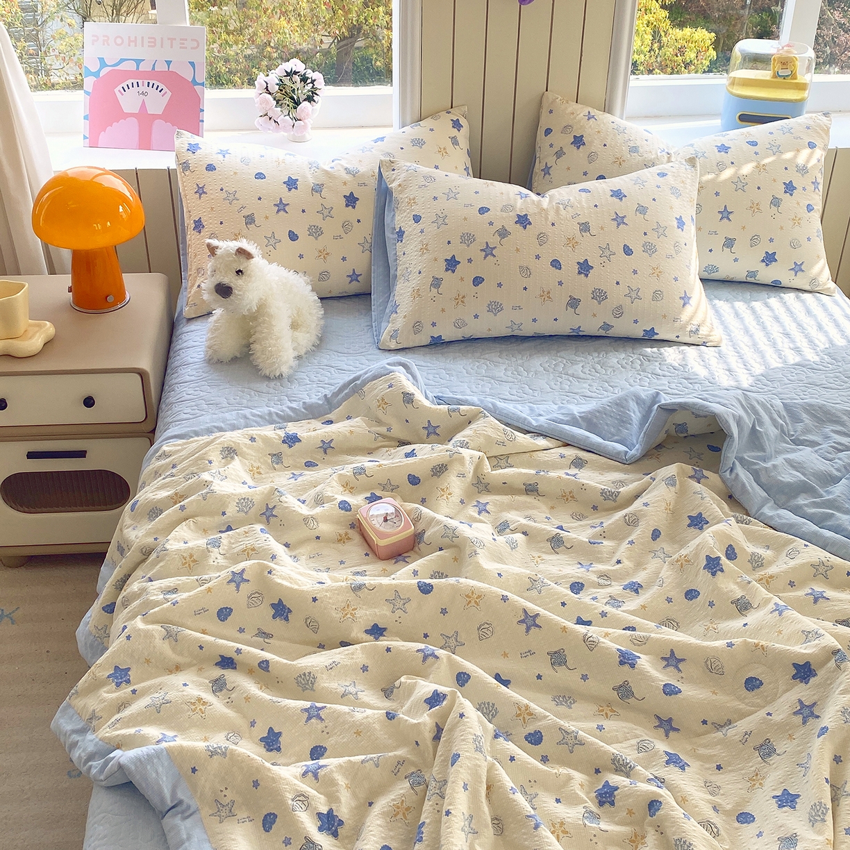 91家纺网 家纺一手货源 找家纺 莱米家纺 2026新款云感泡泡双层纱手包边夏被夏凉被空调被床盖四件套 海底星星