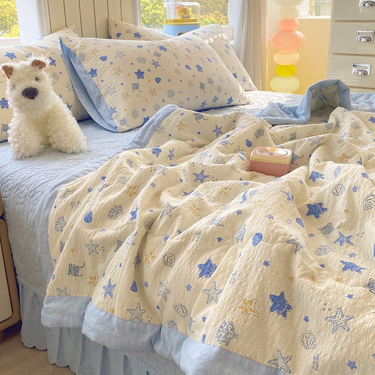 91家纺网 家纺一手货源 找家纺 莱米家纺 2026新款云感泡泡双层纱手包边夏被夏凉被空调被床盖四件套 海底星星