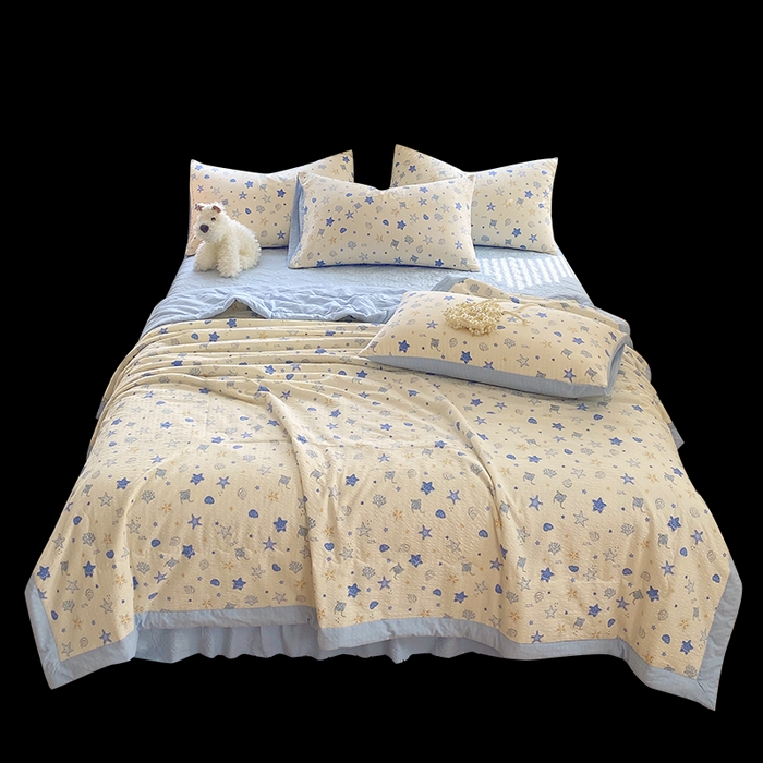 91家纺网 家纺一手货源 找家纺 莱米家纺 2026新款云感泡泡双层纱手包边夏被夏凉被空调被床盖四件套 海底星星