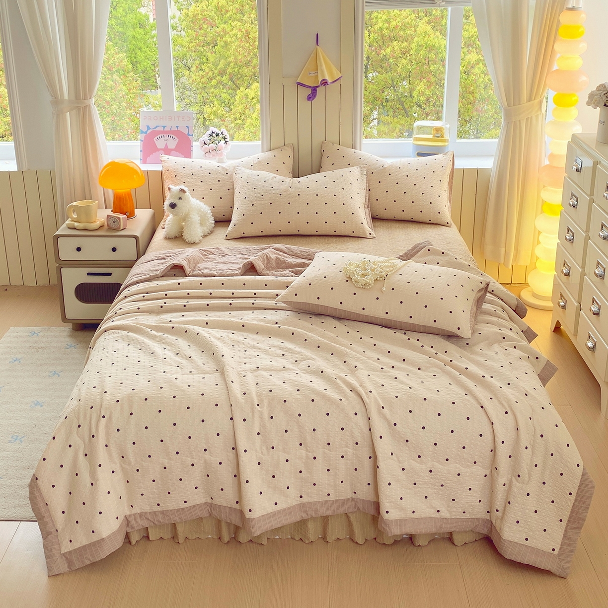 91家纺网 家纺一手货源 找家纺 莱米家纺 2026新款云感泡泡双层纱手包边夏被夏凉被空调被床盖四件套 卡其波点