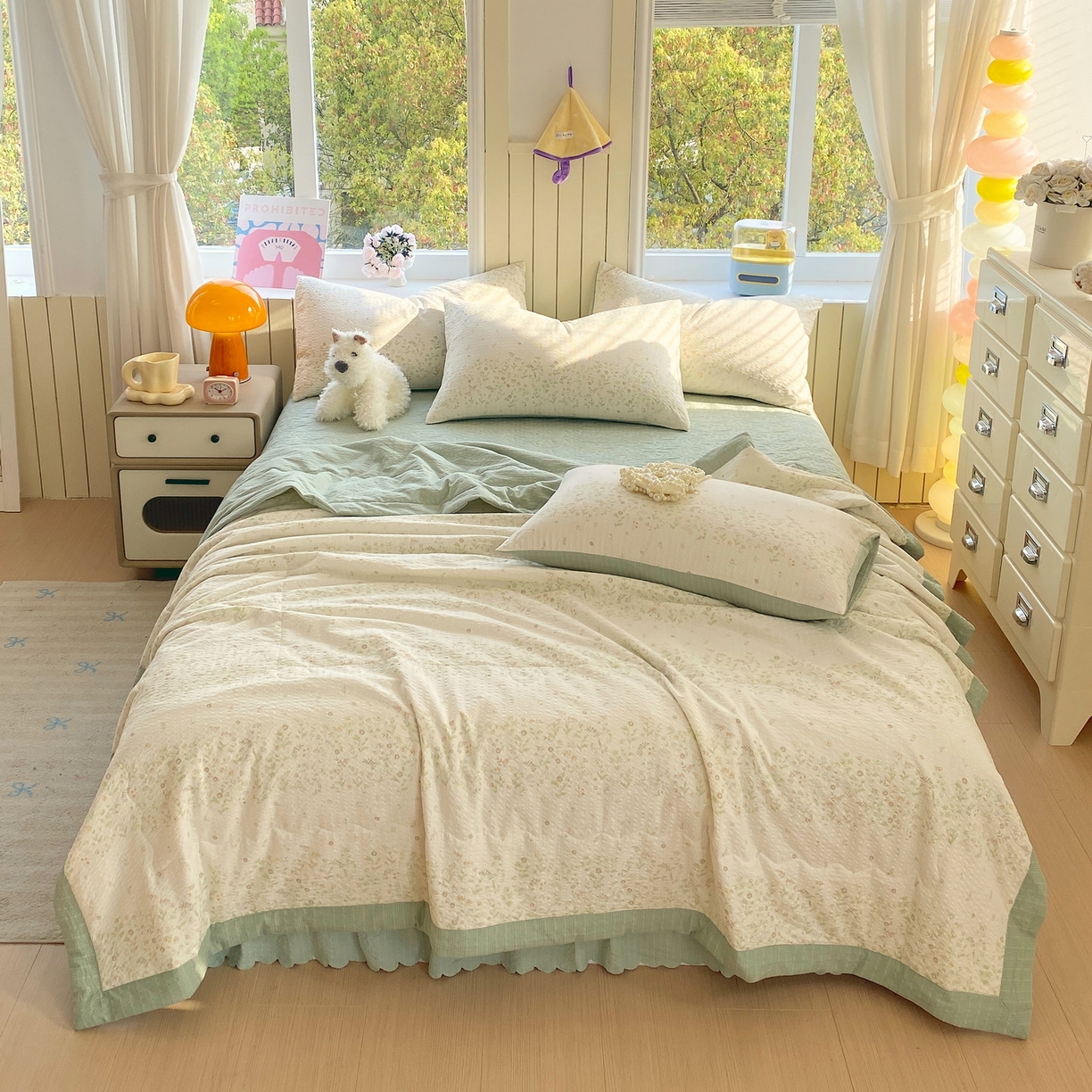 91家纺网 家纺一手货源 找家纺 莱米家纺 2026新款云感泡泡双层纱手包边夏被夏凉被空调被床盖四件套 绿花枝叶