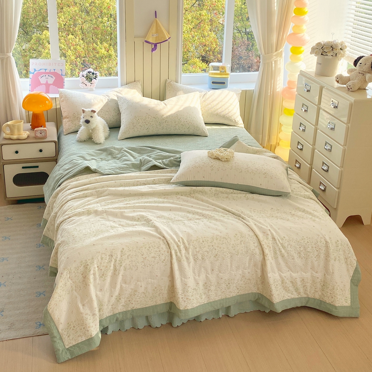 91家纺网 家纺一手货源 找家纺 莱米家纺 2026新款云感泡泡双层纱手包边夏被夏凉被空调被床盖四件套 绿花枝叶