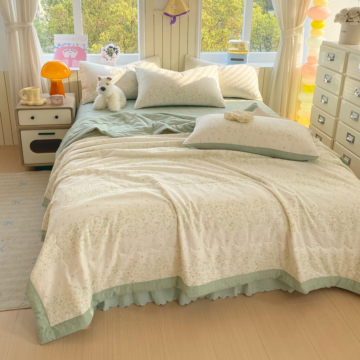 91家纺网 家纺一手货源 找家纺 莱米家纺 2026新款云感泡泡双层纱手包边夏被夏凉被空调被床盖四件套 绿花枝叶