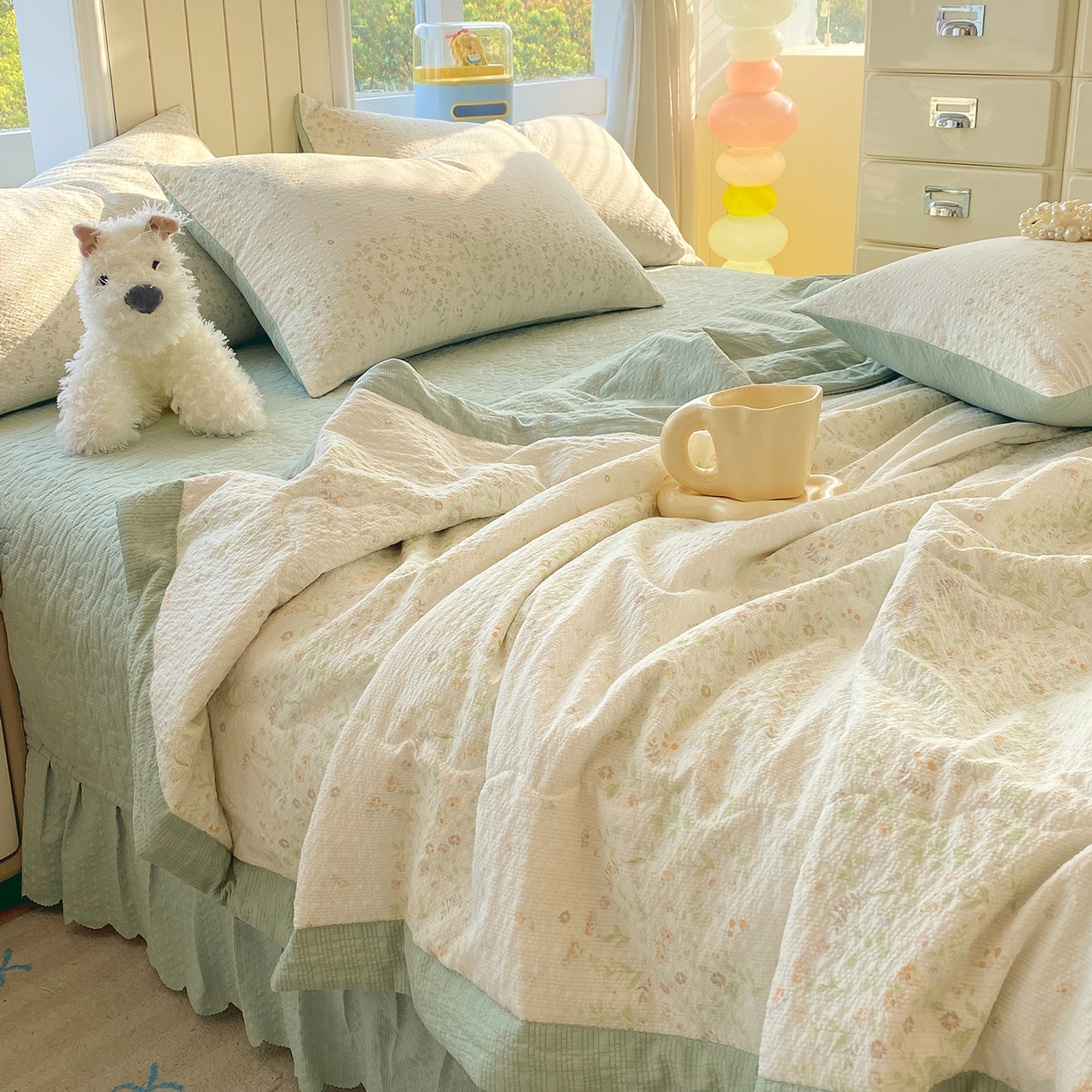 91家纺网 家纺一手货源 找家纺 莱米家纺 2026新款云感泡泡双层纱手包边夏被夏凉被空调被床盖四件套 绿花枝叶