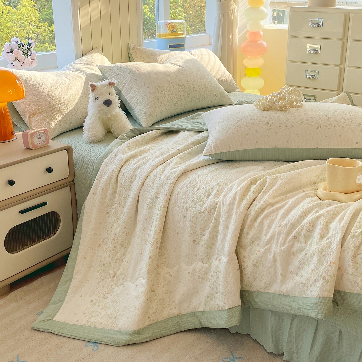 91家纺网 家纺一手货源 找家纺 莱米家纺 2026新款云感泡泡双层纱手包边夏被夏凉被空调被床盖四件套 绿花枝叶