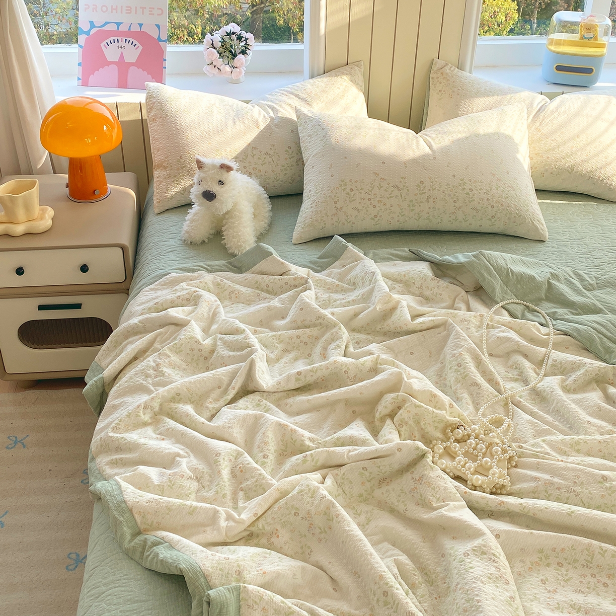 91家纺网 家纺一手货源 找家纺 莱米家纺 2026新款云感泡泡双层纱手包边夏被夏凉被空调被床盖四件套 绿花枝叶