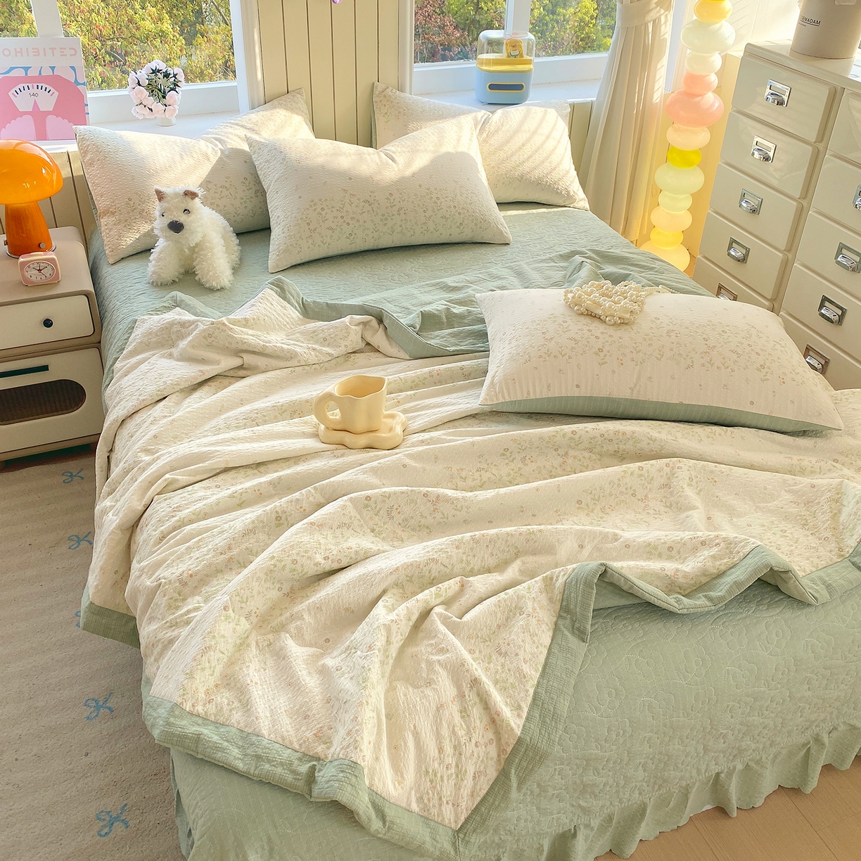 91家纺网 家纺一手货源 找家纺 莱米家纺 2026新款云感泡泡双层纱手包边夏被夏凉被空调被床盖四件套 绿花枝叶