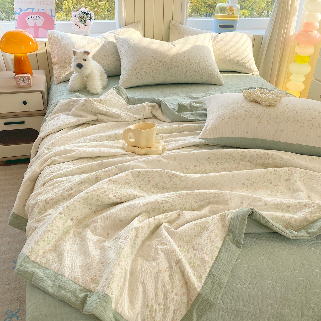 91家纺网 家纺一手货源 找家纺 莱米家纺 2026新款云感泡泡双层纱手包边夏被夏凉被空调被床盖四件套 绿花枝叶