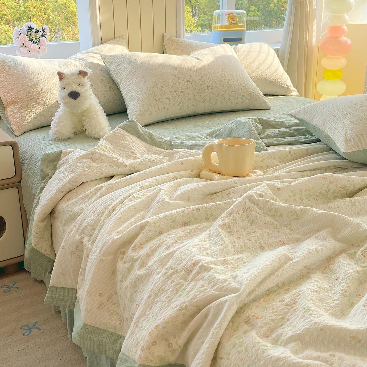 91家纺网 家纺一手货源 找家纺 莱米家纺 2026新款云感泡泡双层纱手包边夏被夏凉被空调被床盖四件套 绿花枝叶