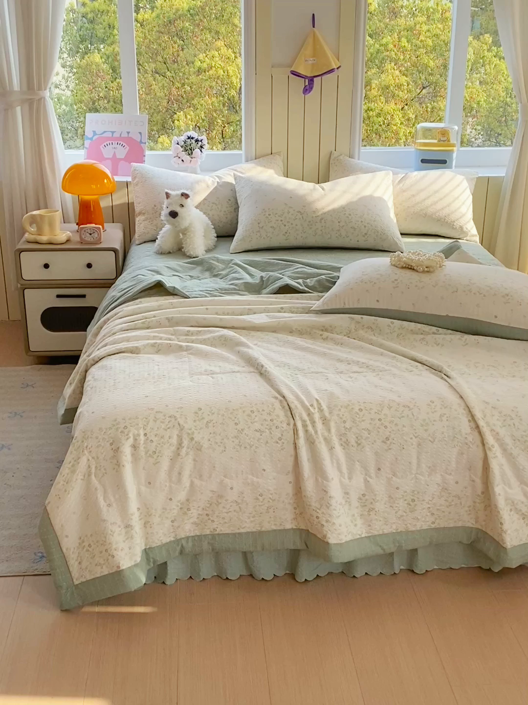 91家纺网 家纺一手货源 找家纺 莱米家纺 2026新款云感泡泡双层纱手包边夏被夏凉被空调被床盖四件套 绿花枝叶