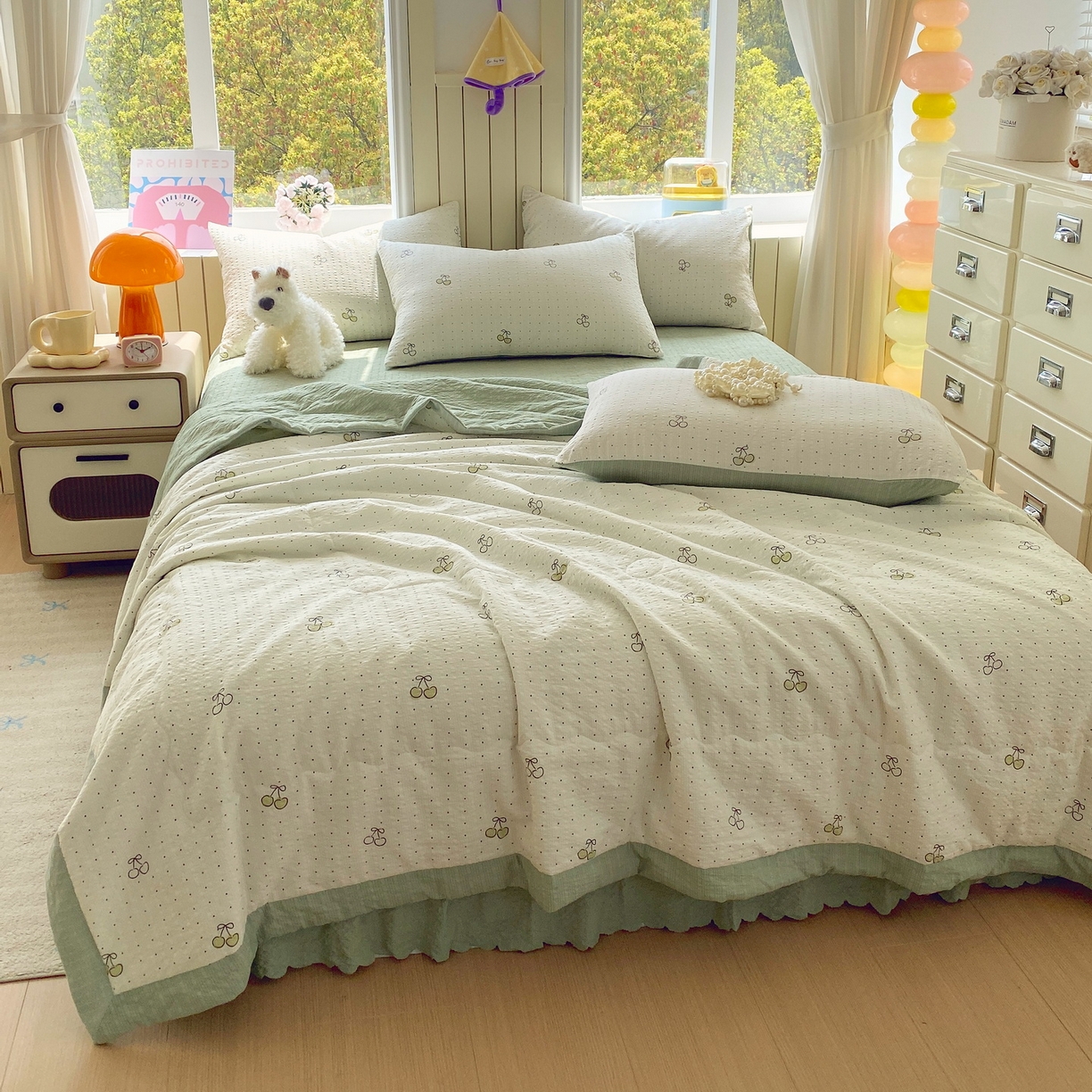 91家纺网 家纺一手货源 找家纺 莱米家纺 2026新款云感泡泡双层纱手包边夏被夏凉被空调被床盖四件套 绿樱桃