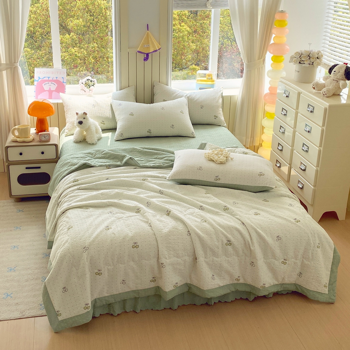 91家纺网 家纺一手货源 找家纺 莱米家纺 2026新款云感泡泡双层纱手包边夏被夏凉被空调被床盖四件套 绿樱桃