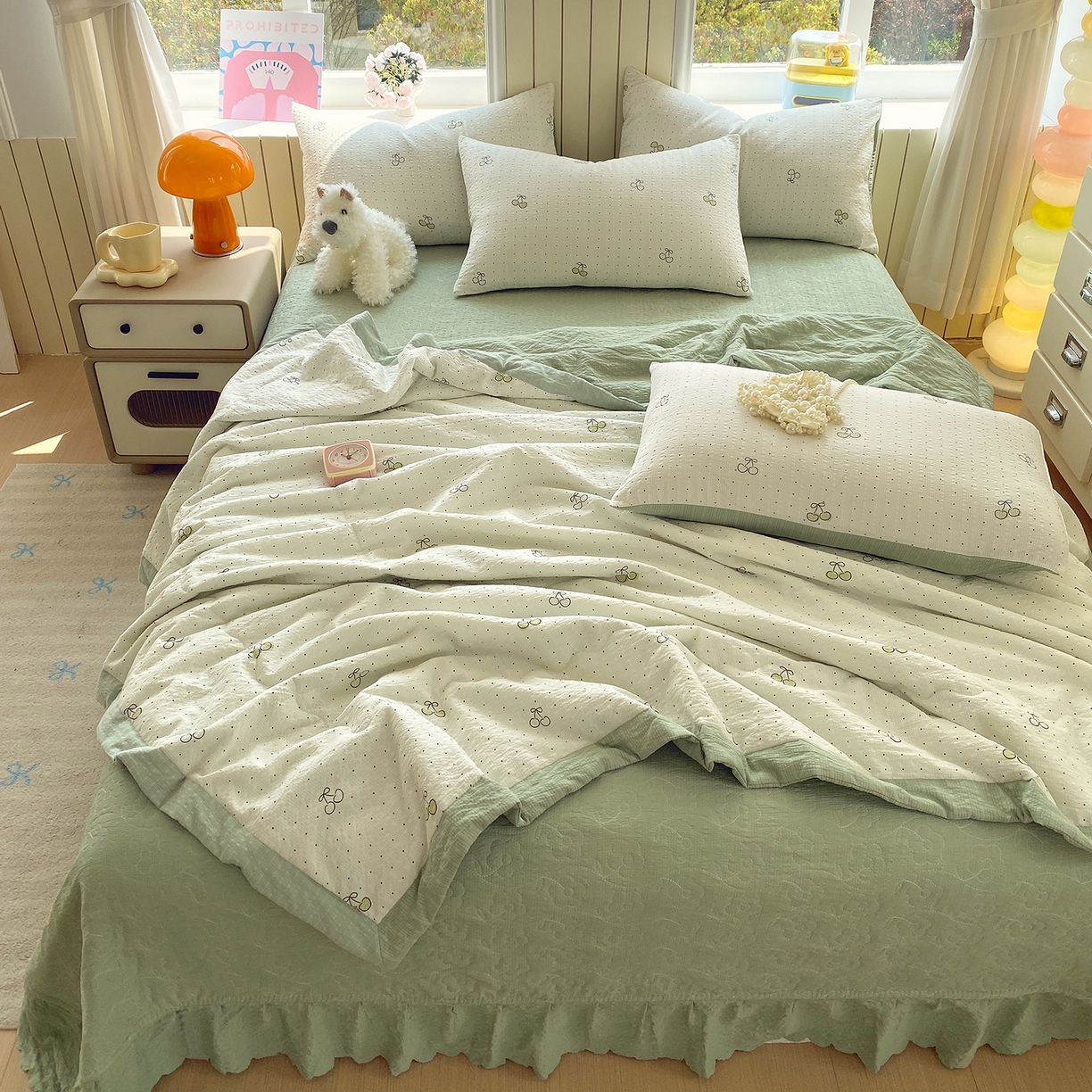 91家纺网 家纺一手货源 找家纺 莱米家纺 2026新款云感泡泡双层纱手包边夏被夏凉被空调被床盖四件套 绿樱桃