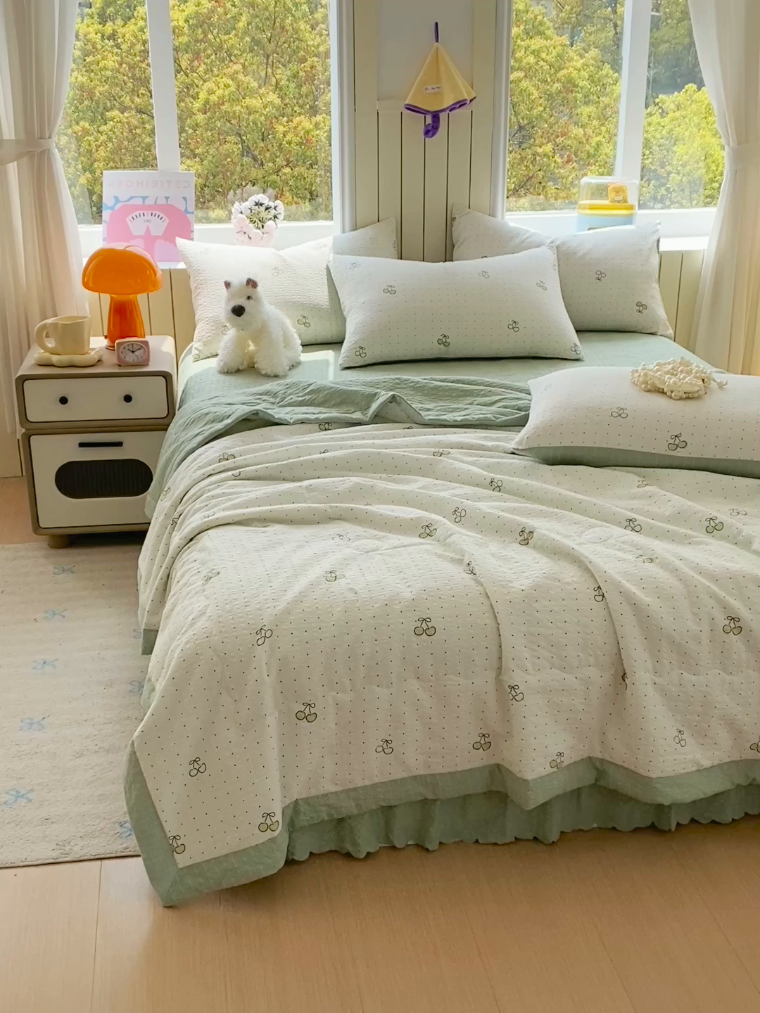 91家纺网 家纺一手货源 找家纺 莱米家纺 2026新款云感泡泡双层纱手包边夏被夏凉被空调被床盖四件套 绿樱桃