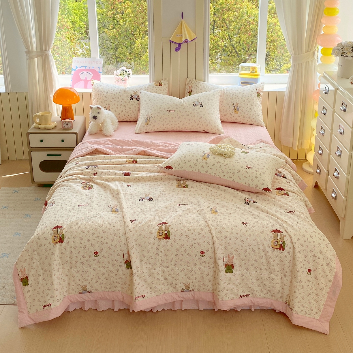 91家纺网 家纺一手货源 找家纺 莱米家纺 2026新款云感泡泡双层纱手包边夏被夏凉被空调被床盖四件套 兔兔之家