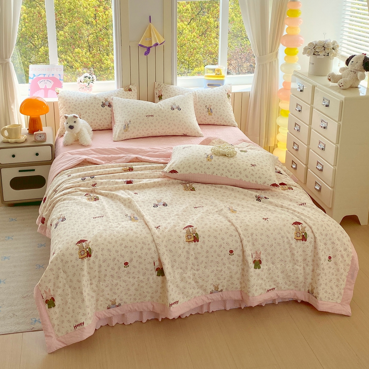 91家纺网 家纺一手货源 找家纺 莱米家纺 2026新款云感泡泡双层纱手包边夏被夏凉被空调被床盖四件套 兔兔之家