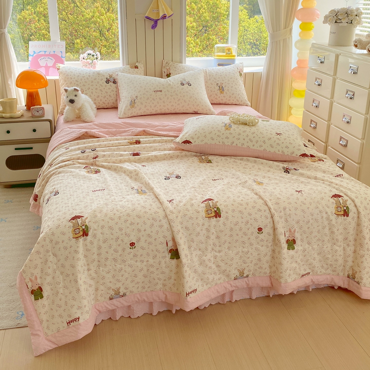 91家纺网 家纺一手货源 找家纺 莱米家纺 2026新款云感泡泡双层纱手包边夏被夏凉被空调被床盖四件套 兔兔之家