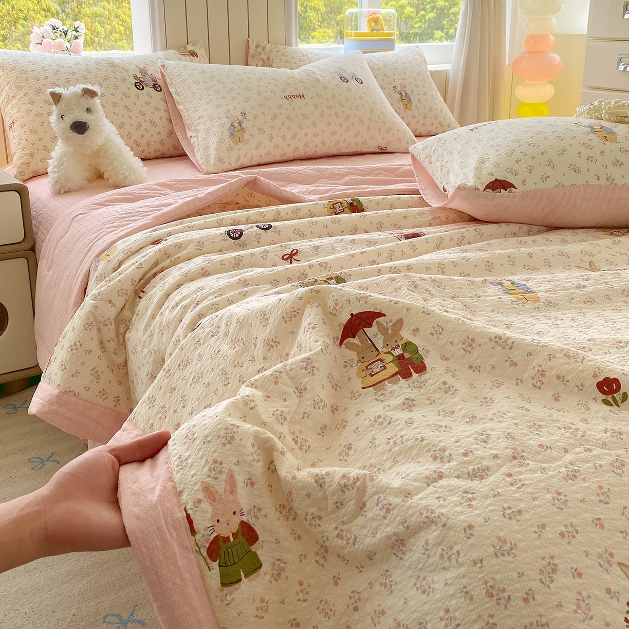 91家纺网 家纺一手货源 找家纺 莱米家纺 2026新款云感泡泡双层纱手包边夏被夏凉被空调被床盖四件套 兔兔之家