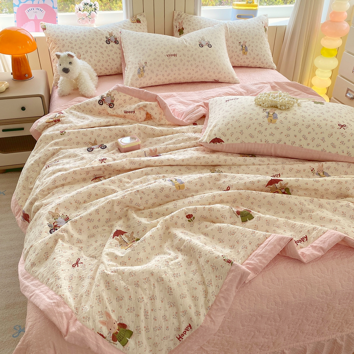 91家纺网 家纺一手货源 找家纺 莱米家纺 2026新款云感泡泡双层纱手包边夏被夏凉被空调被床盖四件套 兔兔之家