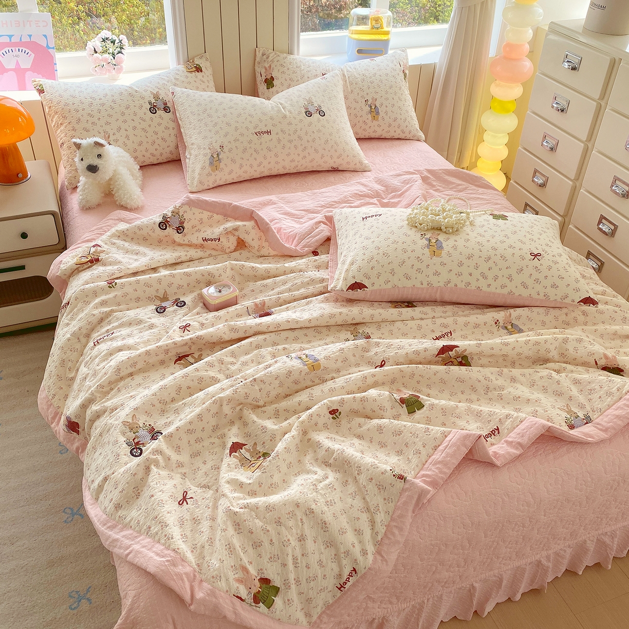 91家纺网 家纺一手货源 找家纺 莱米家纺 2026新款云感泡泡双层纱手包边夏被夏凉被空调被床盖四件套 兔兔之家