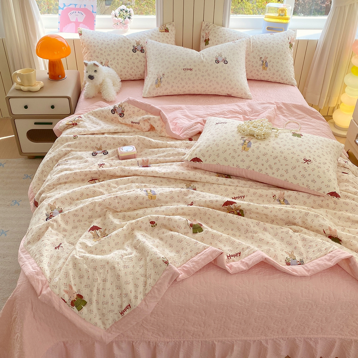 91家纺网 家纺一手货源 找家纺 莱米家纺 2026新款云感泡泡双层纱手包边夏被夏凉被空调被床盖四件套 兔兔之家