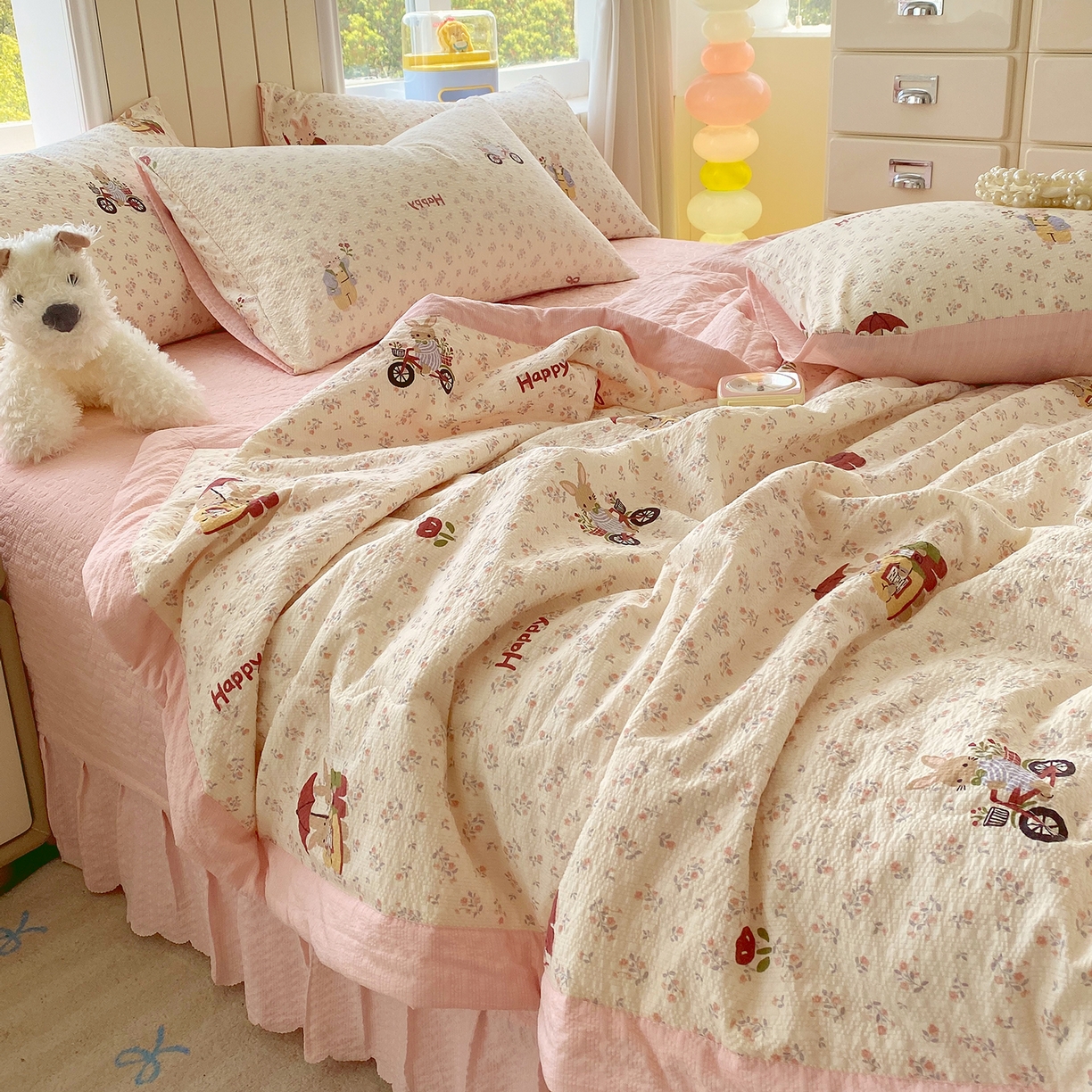 91家纺网 家纺一手货源 找家纺 莱米家纺 2026新款云感泡泡双层纱手包边夏被夏凉被空调被床盖四件套 兔兔之家