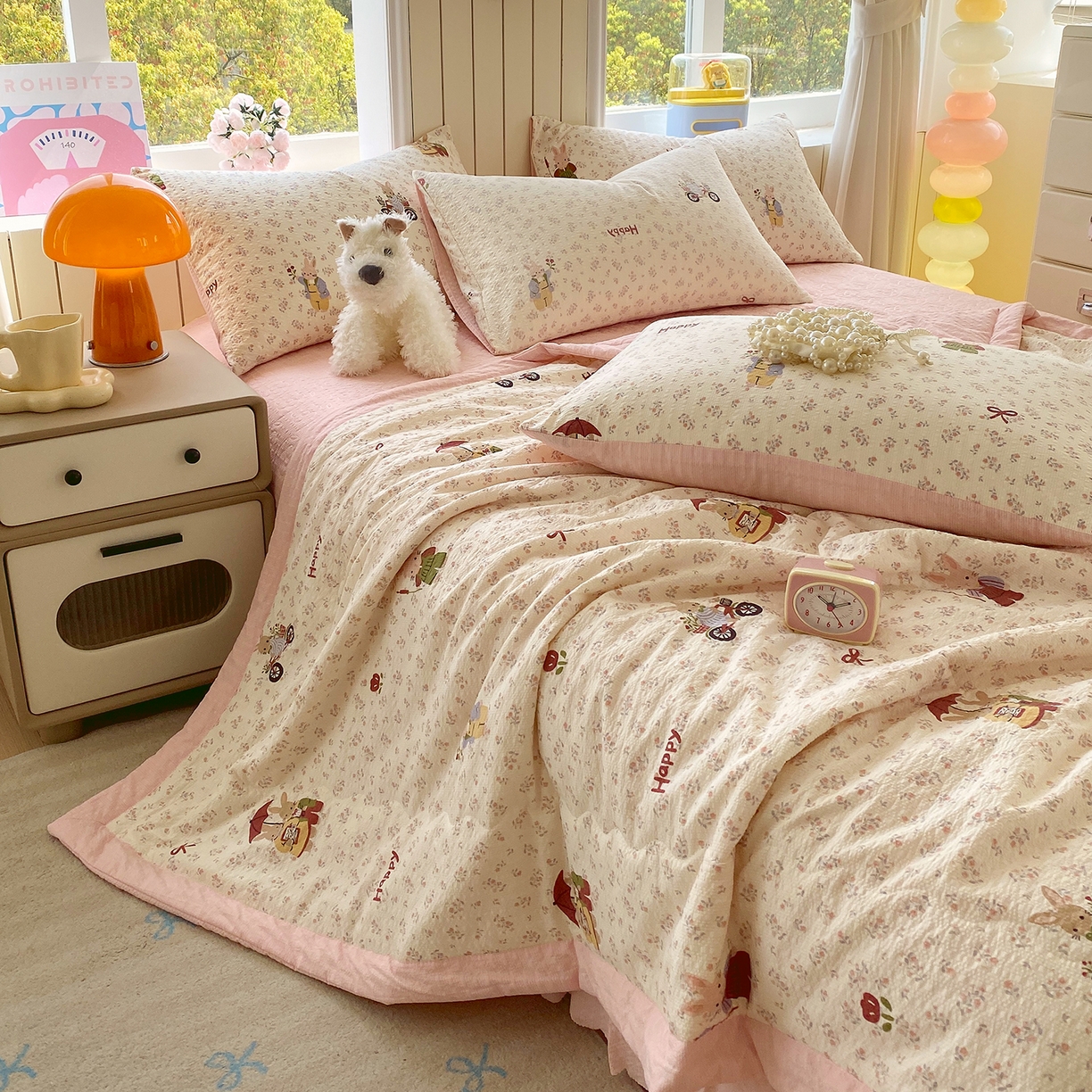 91家纺网 家纺一手货源 找家纺 莱米家纺 2026新款云感泡泡双层纱手包边夏被夏凉被空调被床盖四件套 兔兔之家